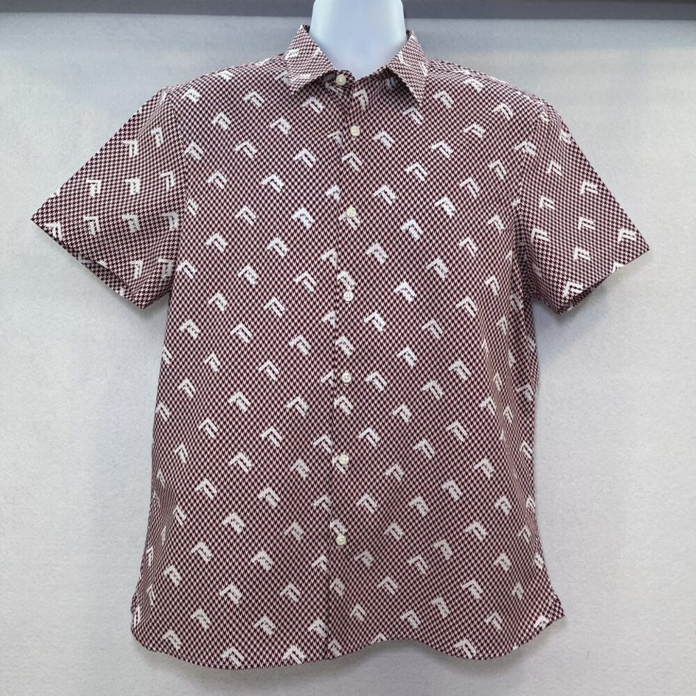 Perry Ellis SLIM FIT short sleeve button down shirt cotton maroon white mens L